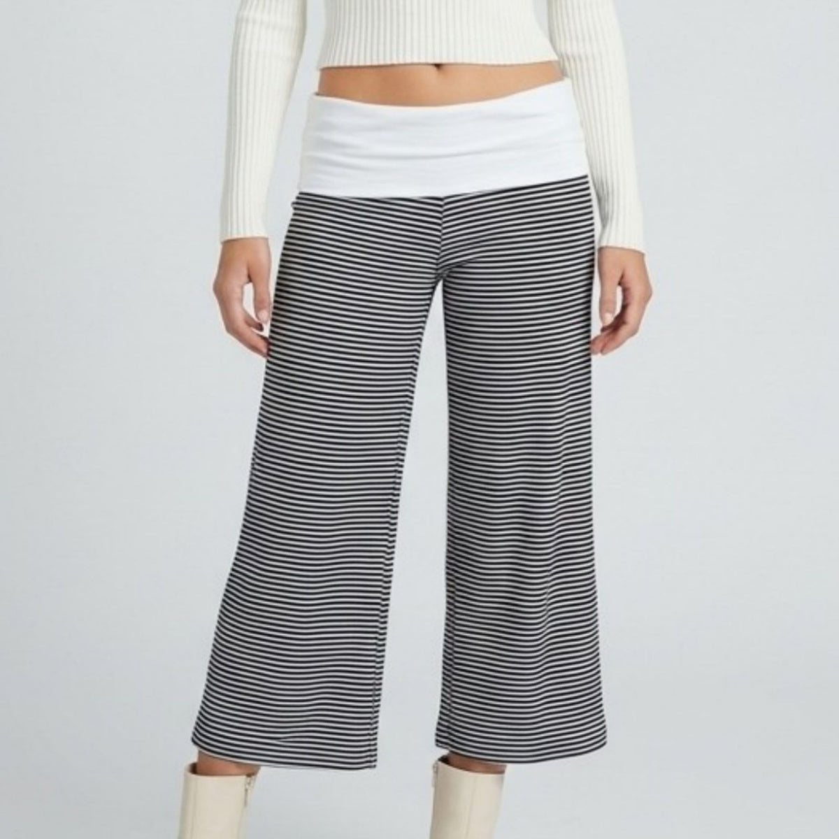 Contrast Foldover Waistband Striped Cropped Wide-Leg Trousers