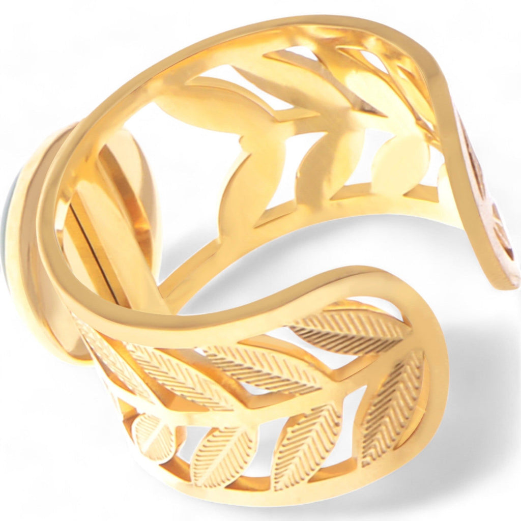 Women's Wide Statement Ring Gold Tone with Round Stone Marble-Like Stone and Textured Details