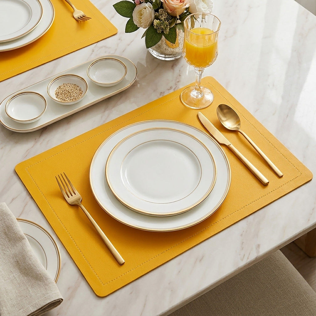6 Piece Faux Leather Placemat Set Waterproof Heat Resistant Table Mats with Gold Trim Border