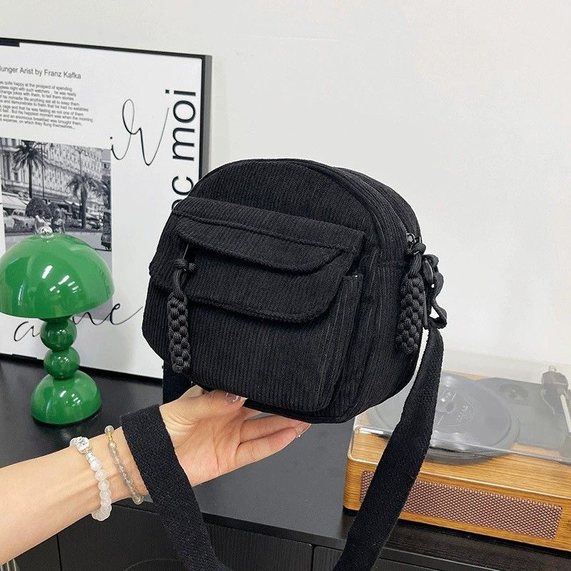 Corduroy Crossbody Bag with Front Pocket Adjustable Strap and Zip Closure