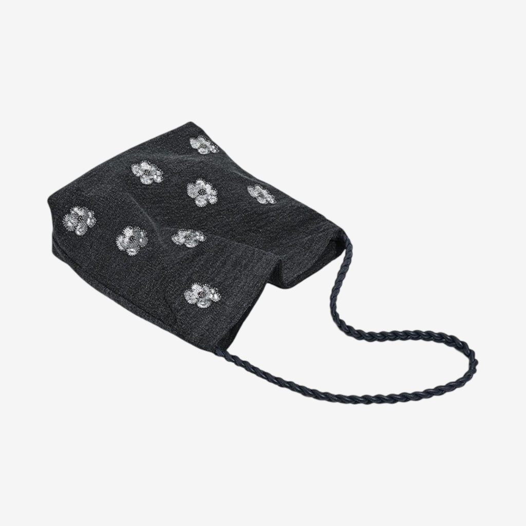 Black Sequin Embellished Braided Shoulder Bag Canvas Handbag