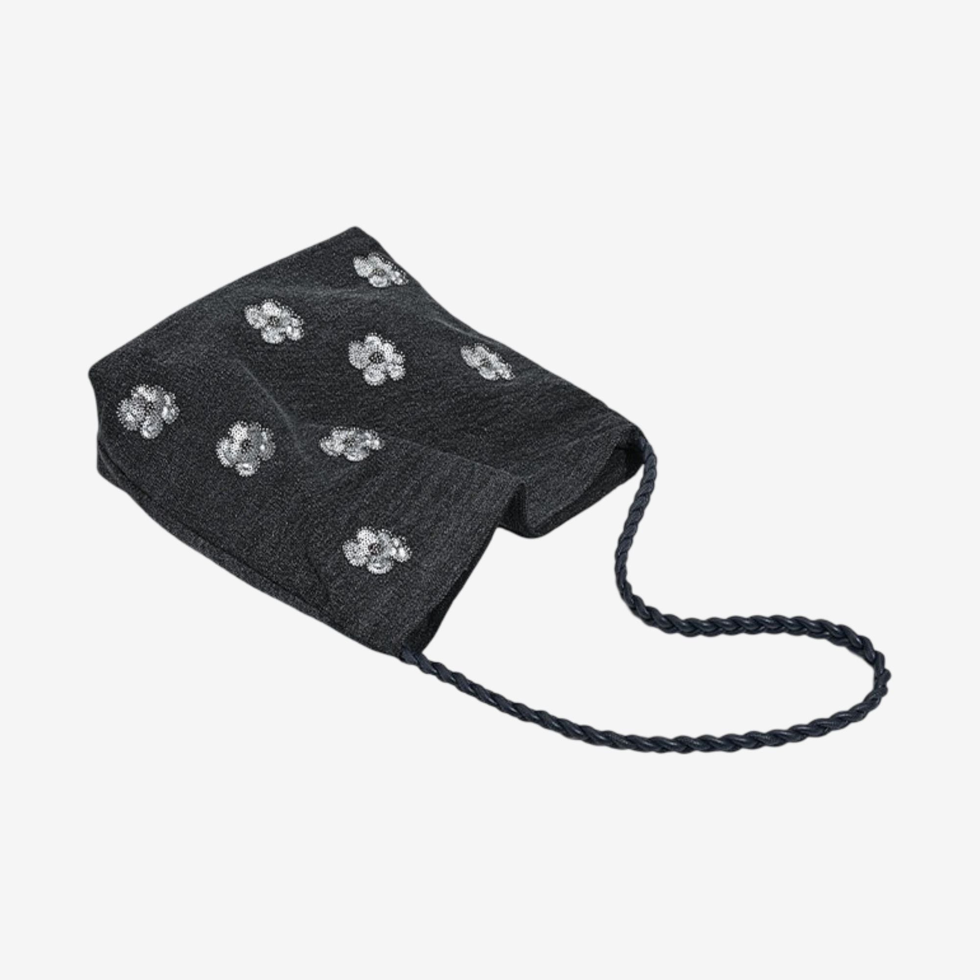 Black Sequin Embellished Braided Shoulder Bag Canvas Handbag