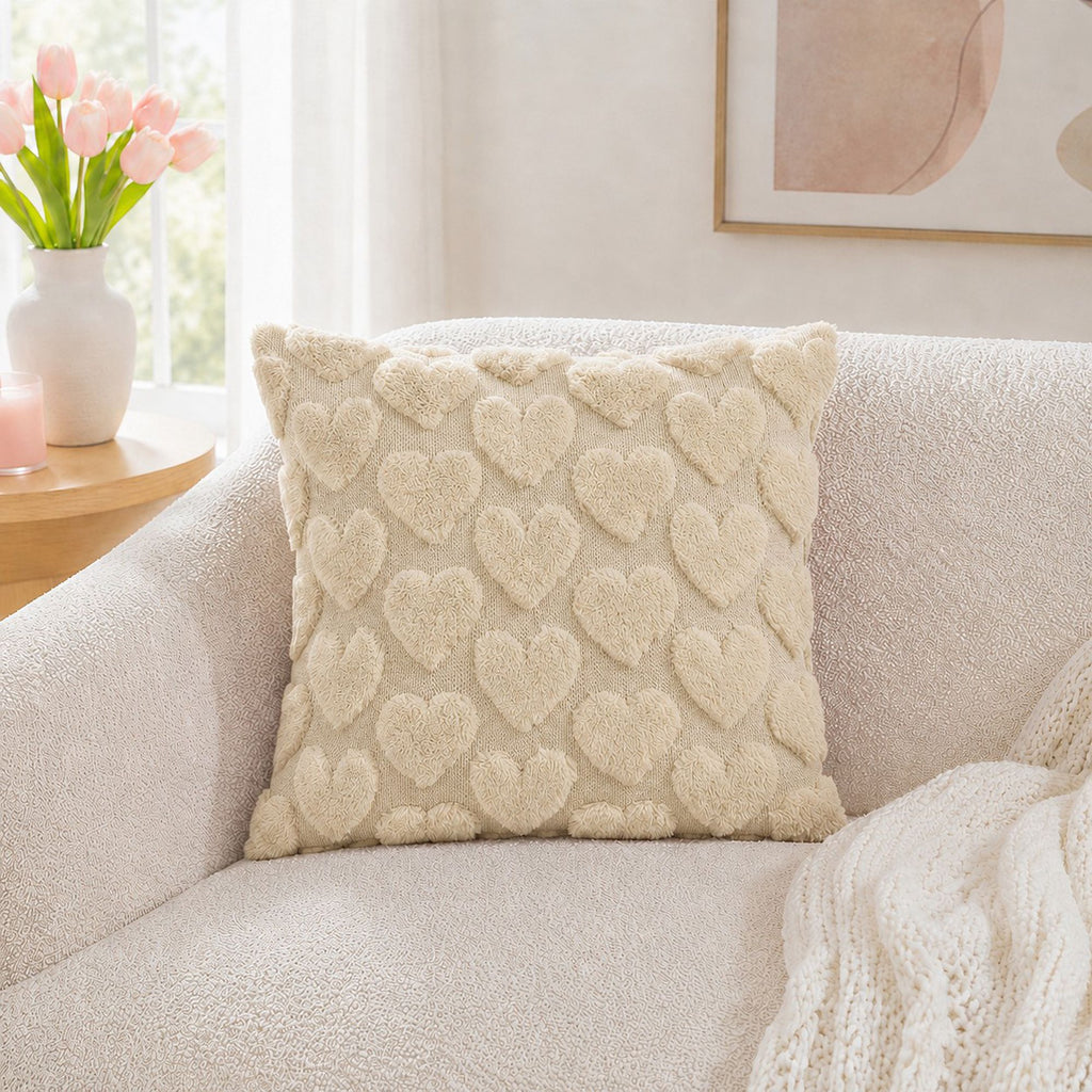 Plush Heart Textured Throw Pillow Cover for Couch Bed and Chair
