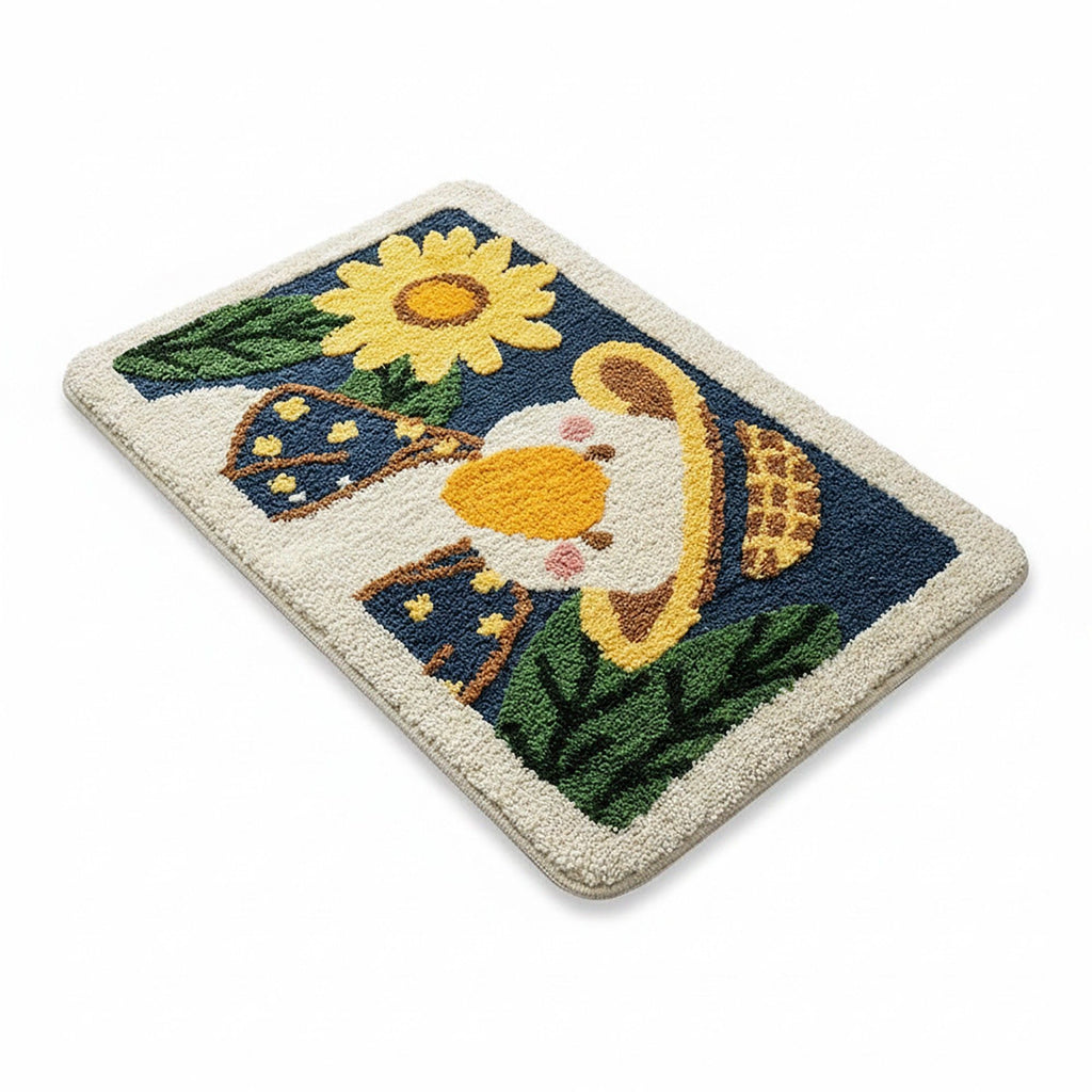 Tufted Floor Mat with Cute Animal and Sunflower Design Non Slip Backing Soft Plush Decorative Rug