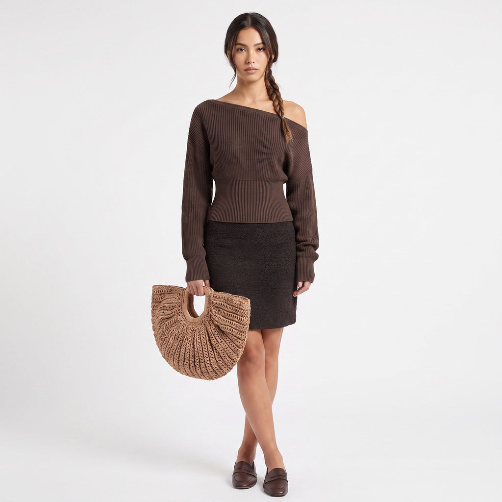 Off Shoulder Ribbed Waist Long Sleeve Knit Sweater