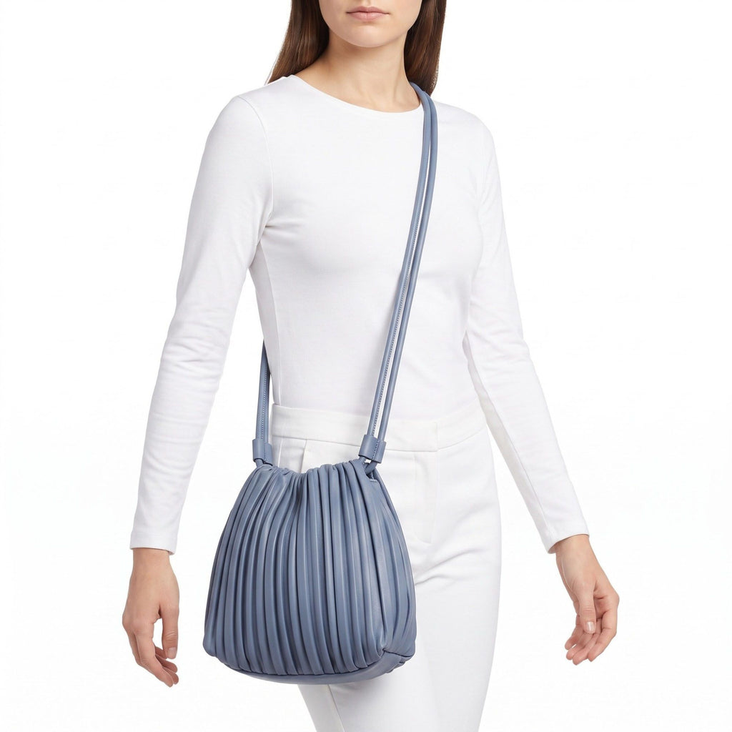 Pleated Crossbody Bucket Bag with Long Shoulder Strap and Gathered Top 7.5x8.5x3.5in
