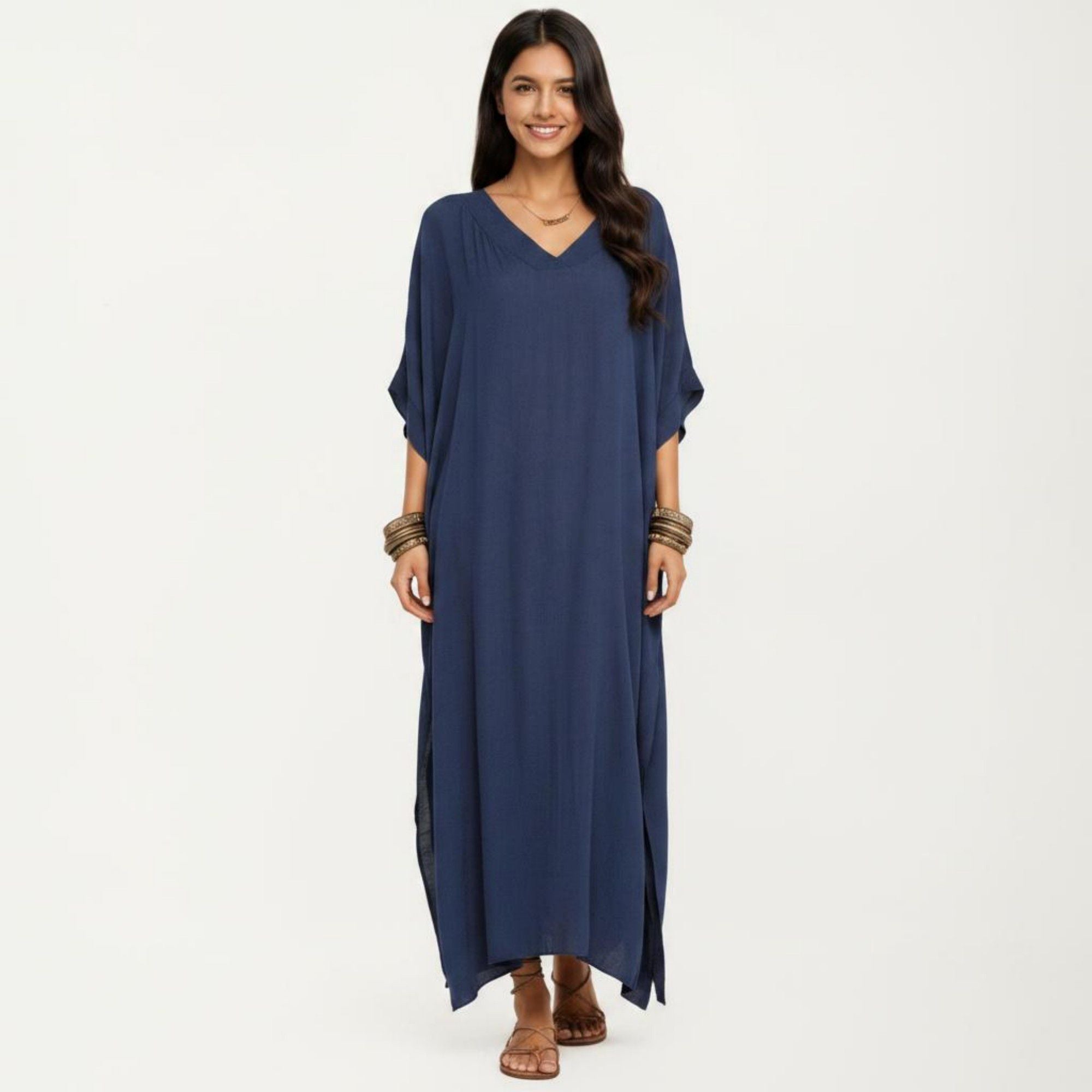 Anna-Kaci Women's V-Neck Maxi Swim Cover Up Dress Loose Short Sleeve Lightweight Beach Caftan