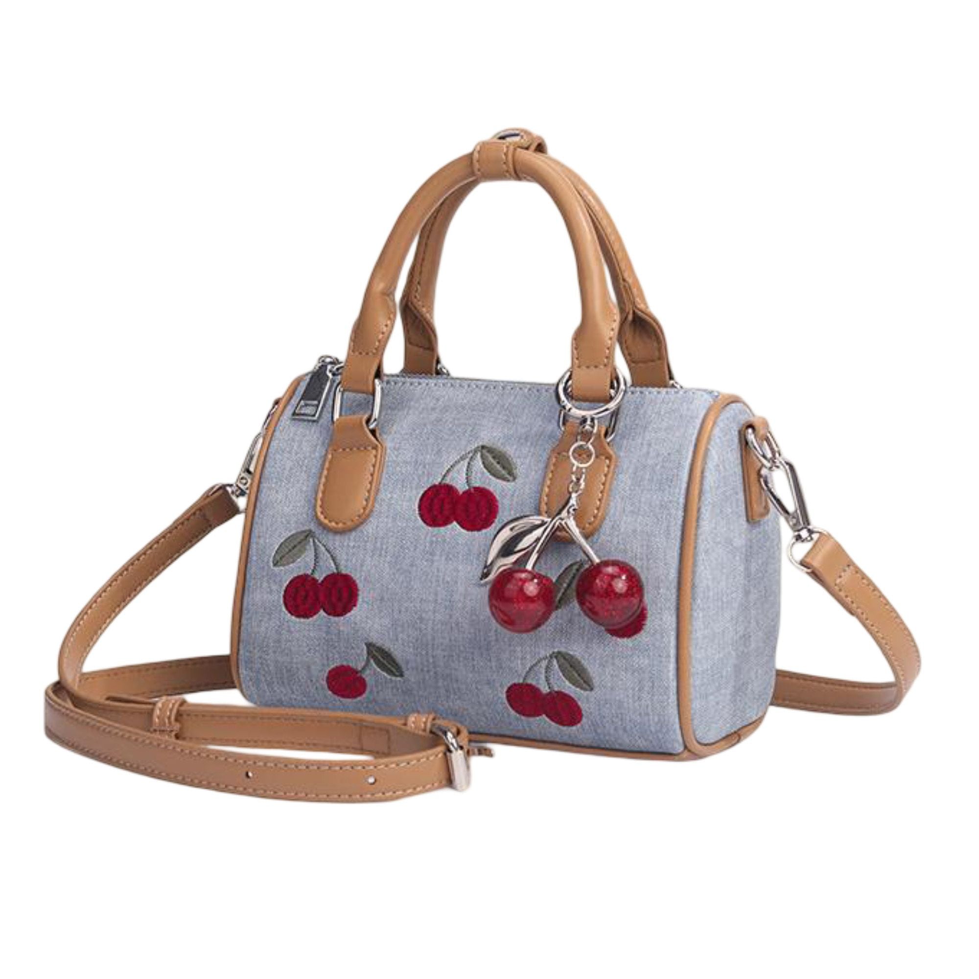 Denim Cherry Boston Handbag with Top Handles