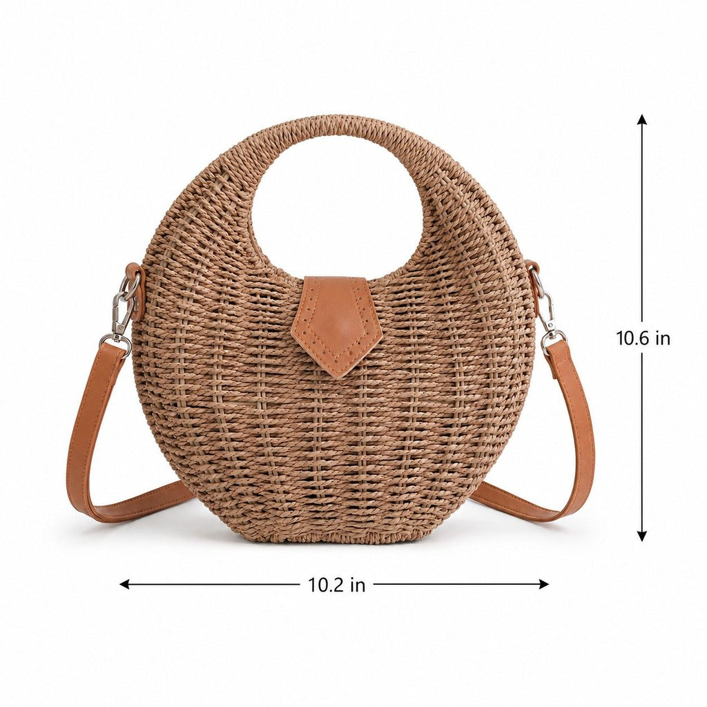 Round Woven Top Handle Crossbody Bag with Magnetic Snap and Detachable Strap