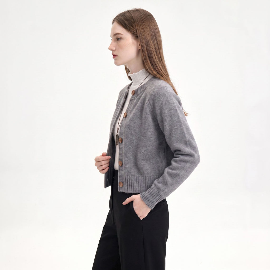 Cropped Crewneck Button-Front Cardigan Sweater