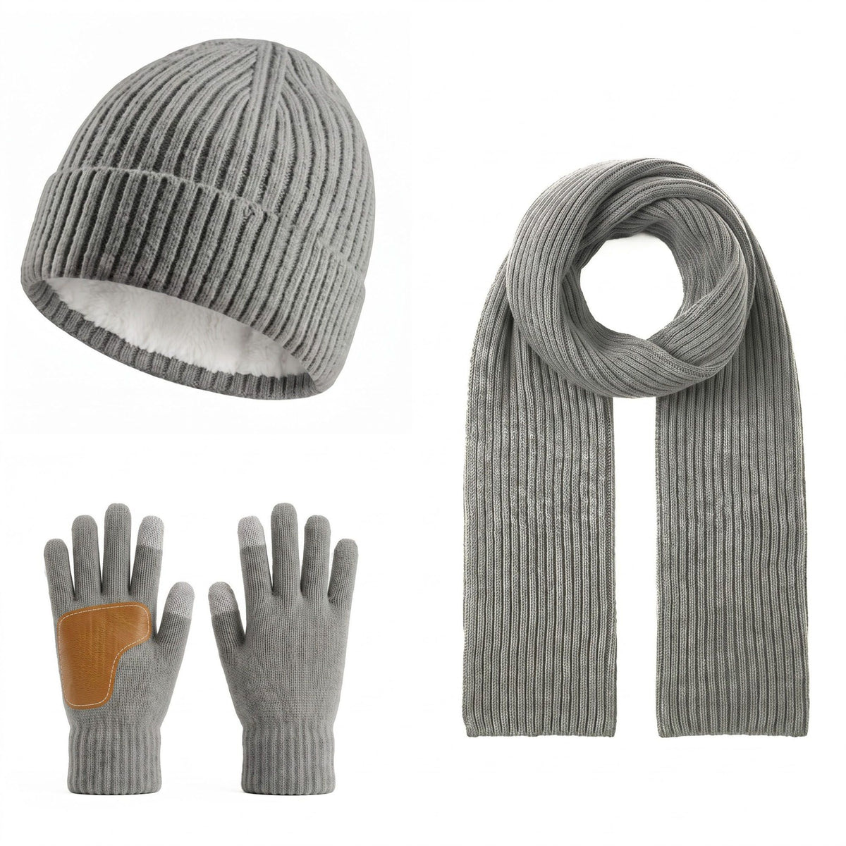 3 Piece Ribbed Knit Beanie Scarf and Touchscreen Gloves Set