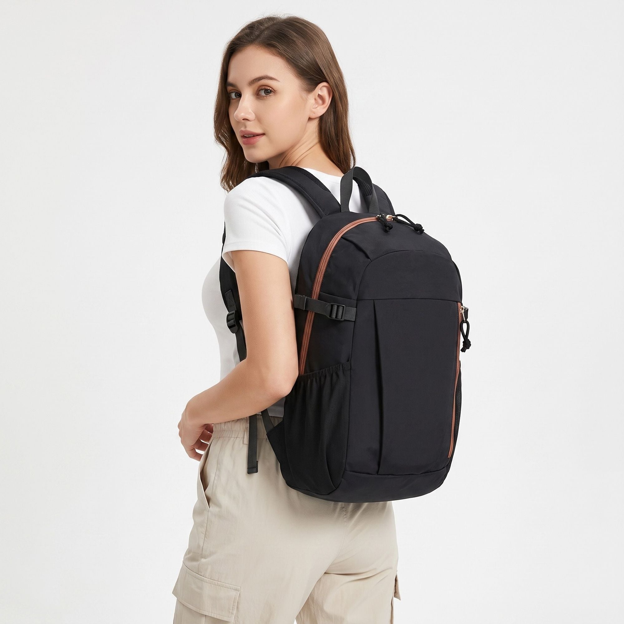 Everyday Backpack with Front Zip Pocket Side Mesh Pockets Padded Straps Top Hle