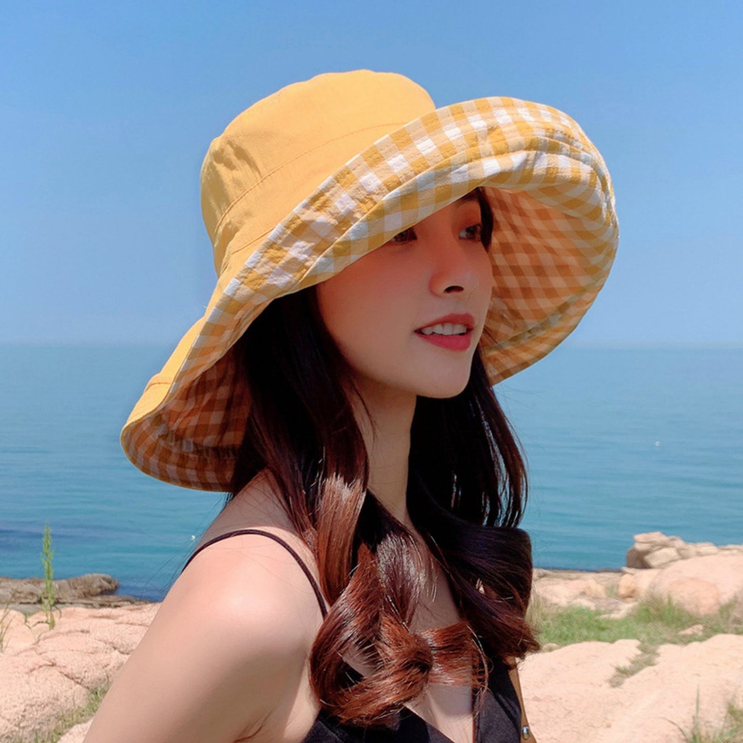Anna-Kaci Women's Reversible Checkered Bucket Hat with Chin Strap