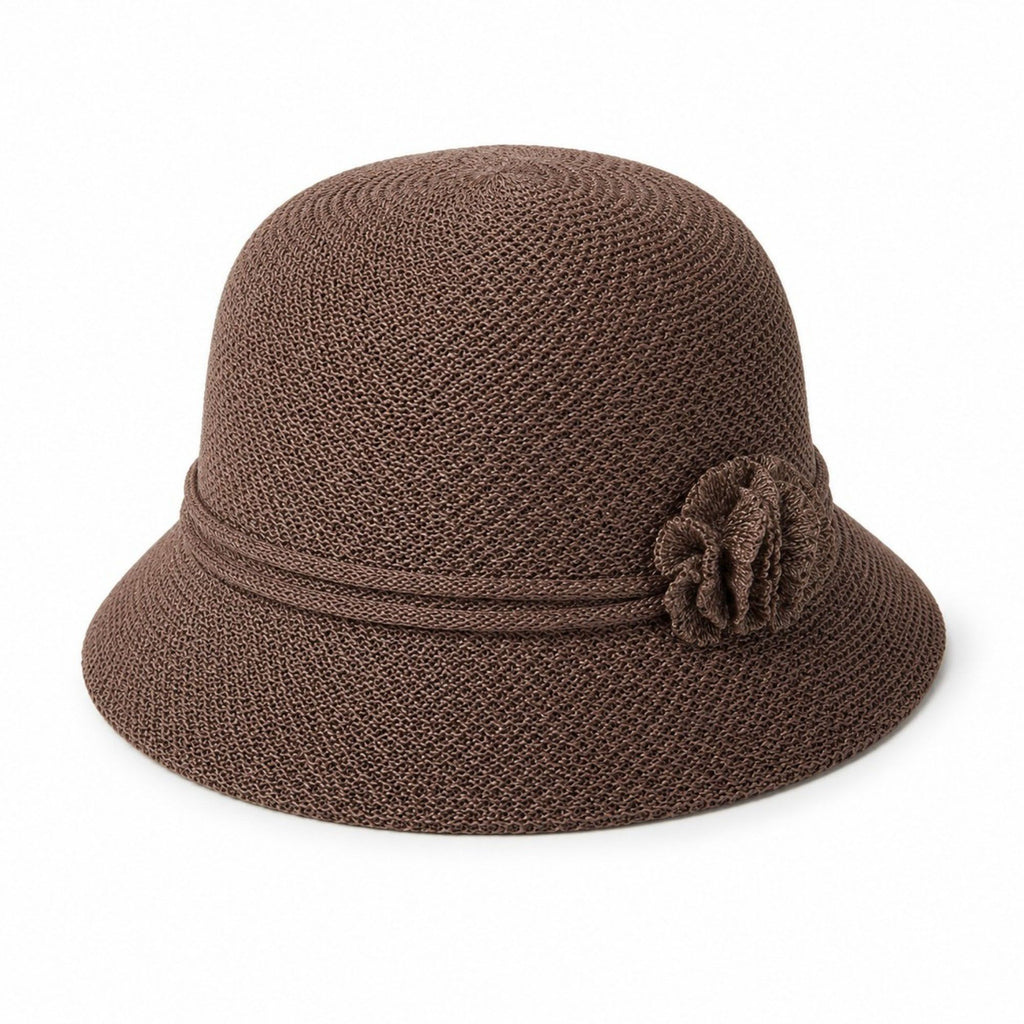 Woven Cloche Sun Hat with Floral Accent and Short Brim