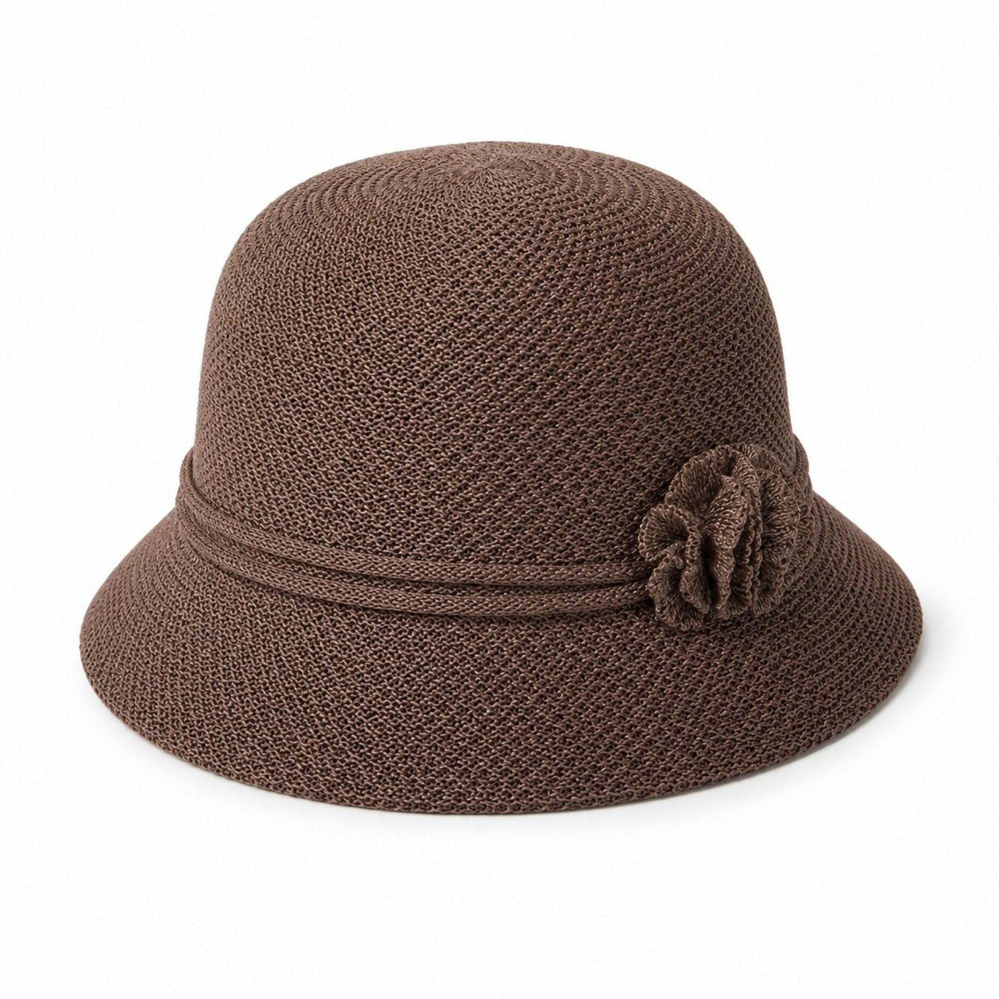 Woven Cloche Sun Hat with Floral Accent and Short Brim