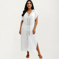 Anna-Kaci Women's Maxi Swim Cover Up Dress with Crochet Trim V Neck Short Sleeves Relaxed Lightweight Fit