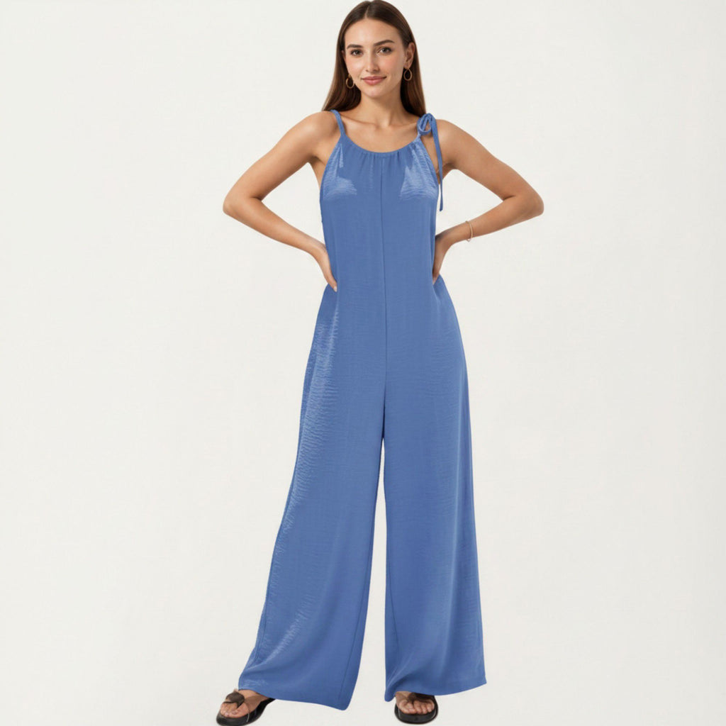 Anna-Kaci Women's Tie Strap Wide Leg Jumpsuit with Soft Satin Finish