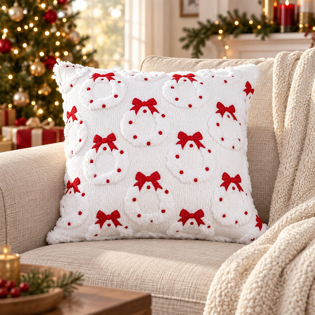 Christmas Wreath Bow Tufted Decorative Throw Pillow Cover