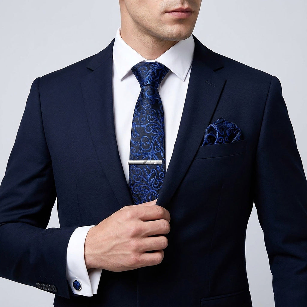 Men's Baroque Floral Tie Gift Set with Matching Pocket Square Cufflinks and Silver Tie Clip