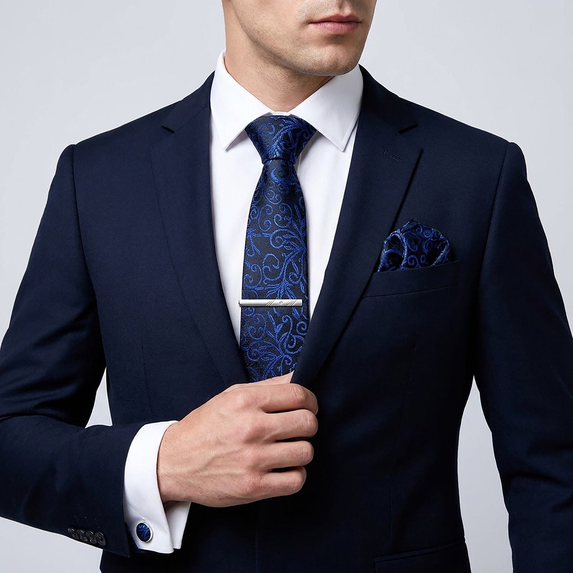 Men's Baroque Floral Tie Gift Set with Matching Pocket Square Cufflinks and Silver Tie Clip