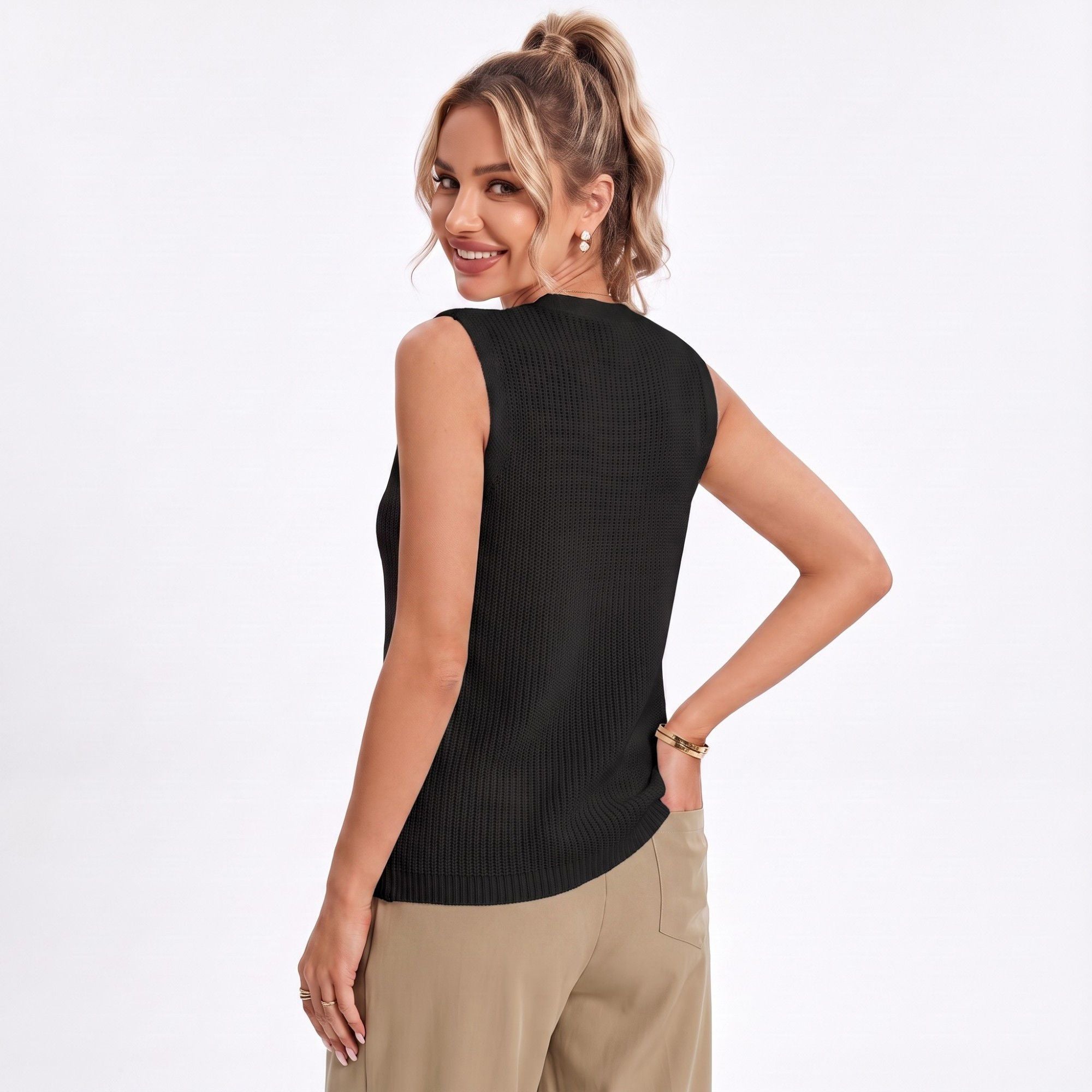 Anna-Kaci Women's Button Front Sweater Vest V Neck Sleeveless Knit Pocket Top
