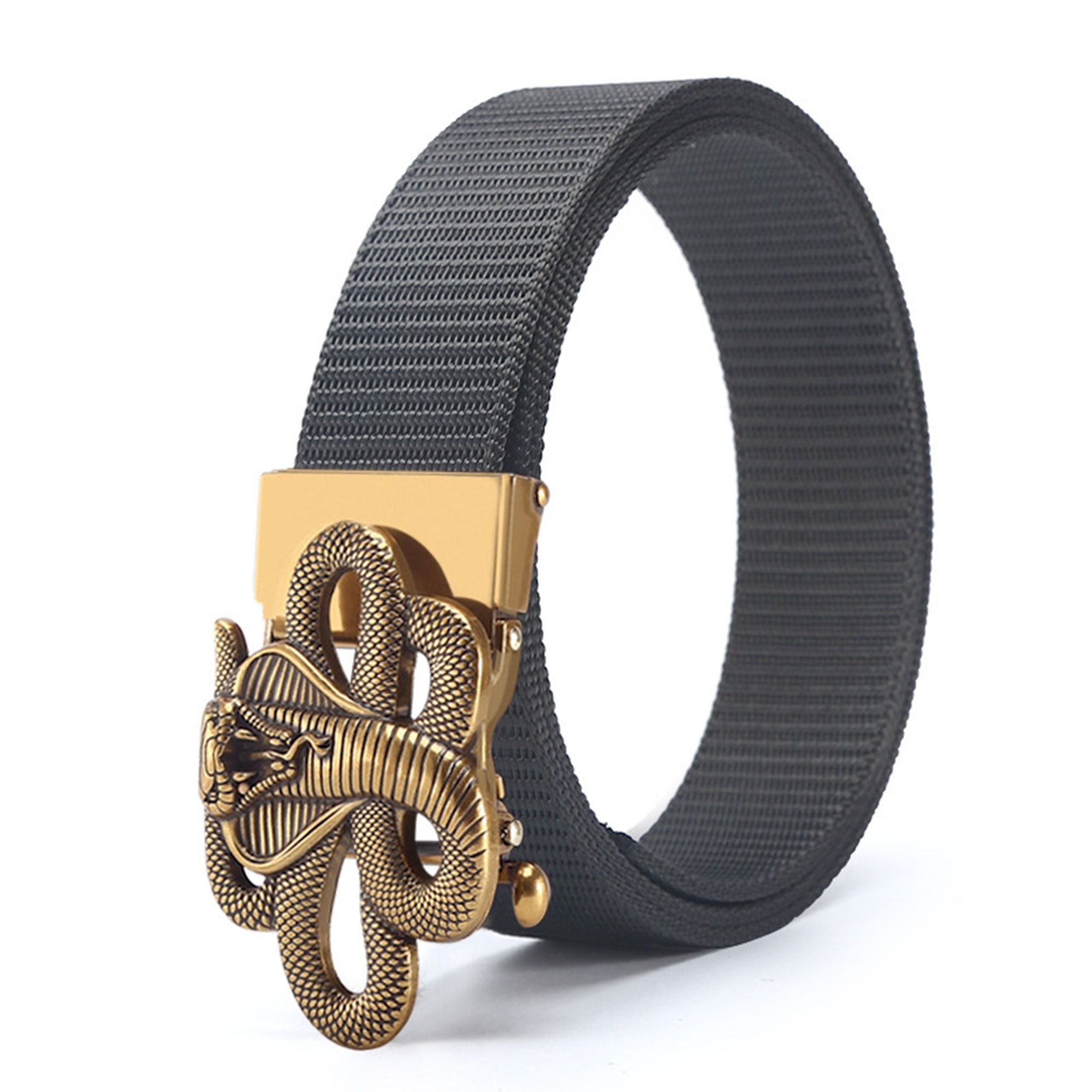 Anna-Kaci Women's Nylon Belt with Gold Cobra Buckle - Bold Statement Buckle Belt for Edgy Casual & Stylish Outfits