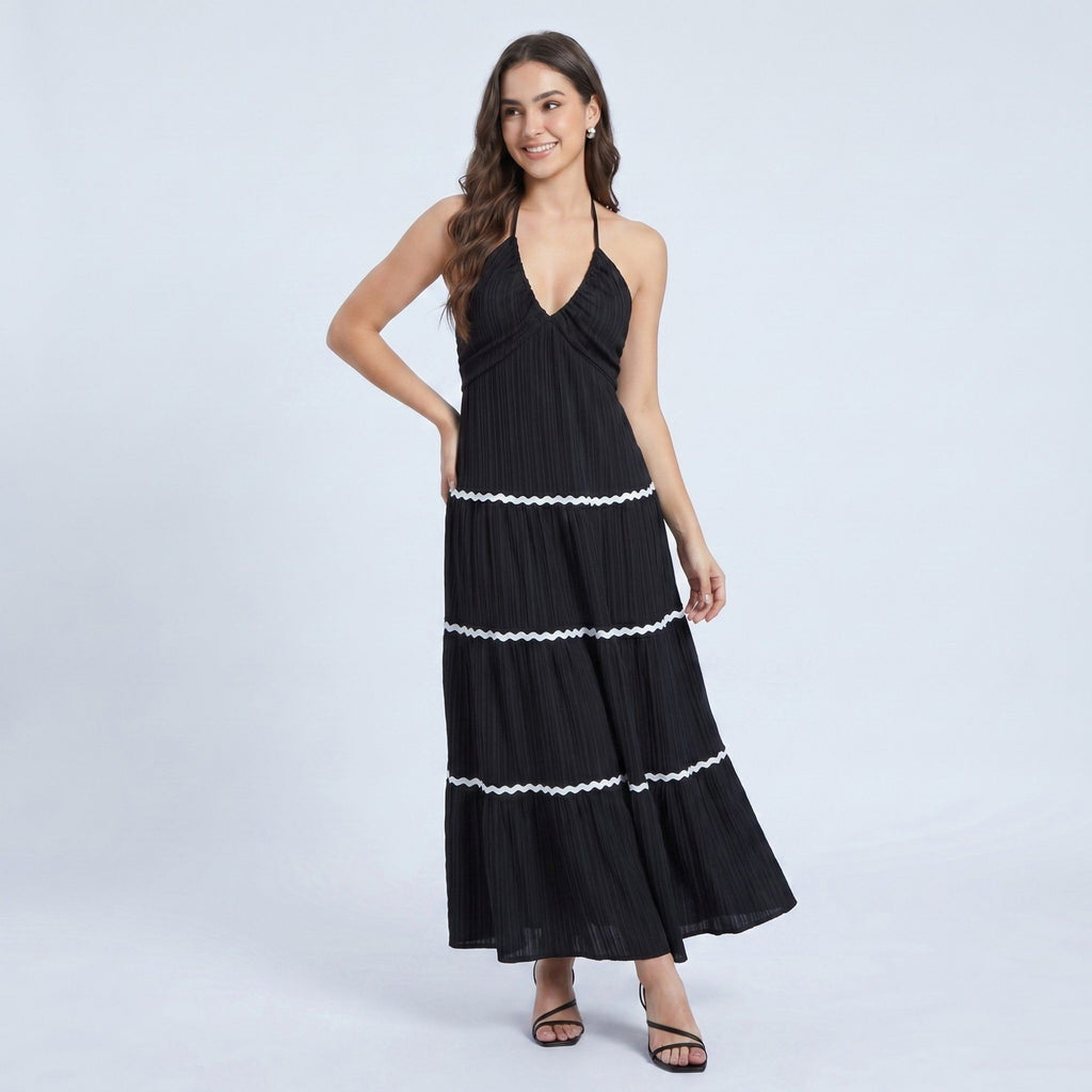 Anna-Kaci Women's Halter Neck Tiered Maxi Dress with Contrast Trim