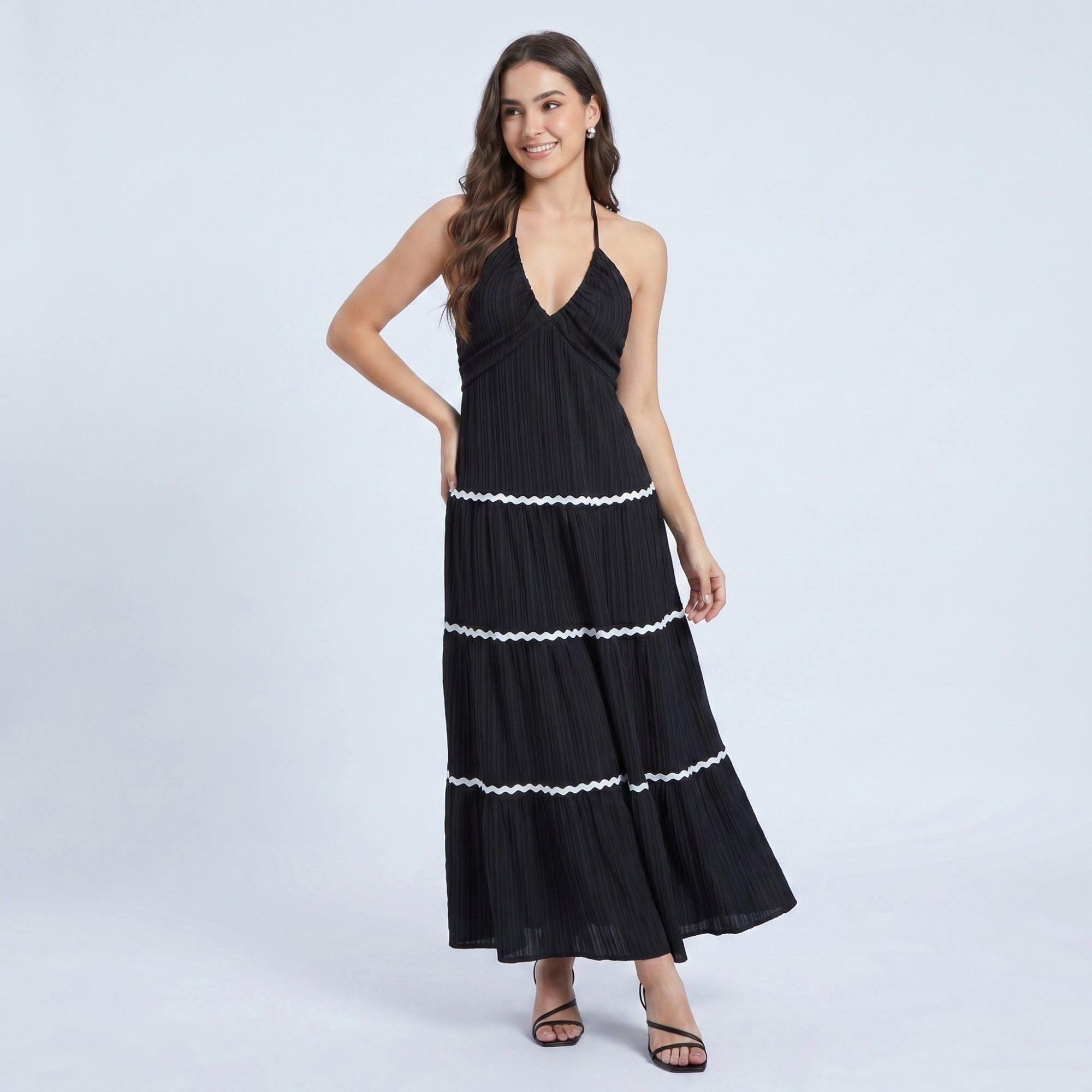 Anna-Kaci Women's Halter Neck Tiered Maxi Dress with Contrast Trim