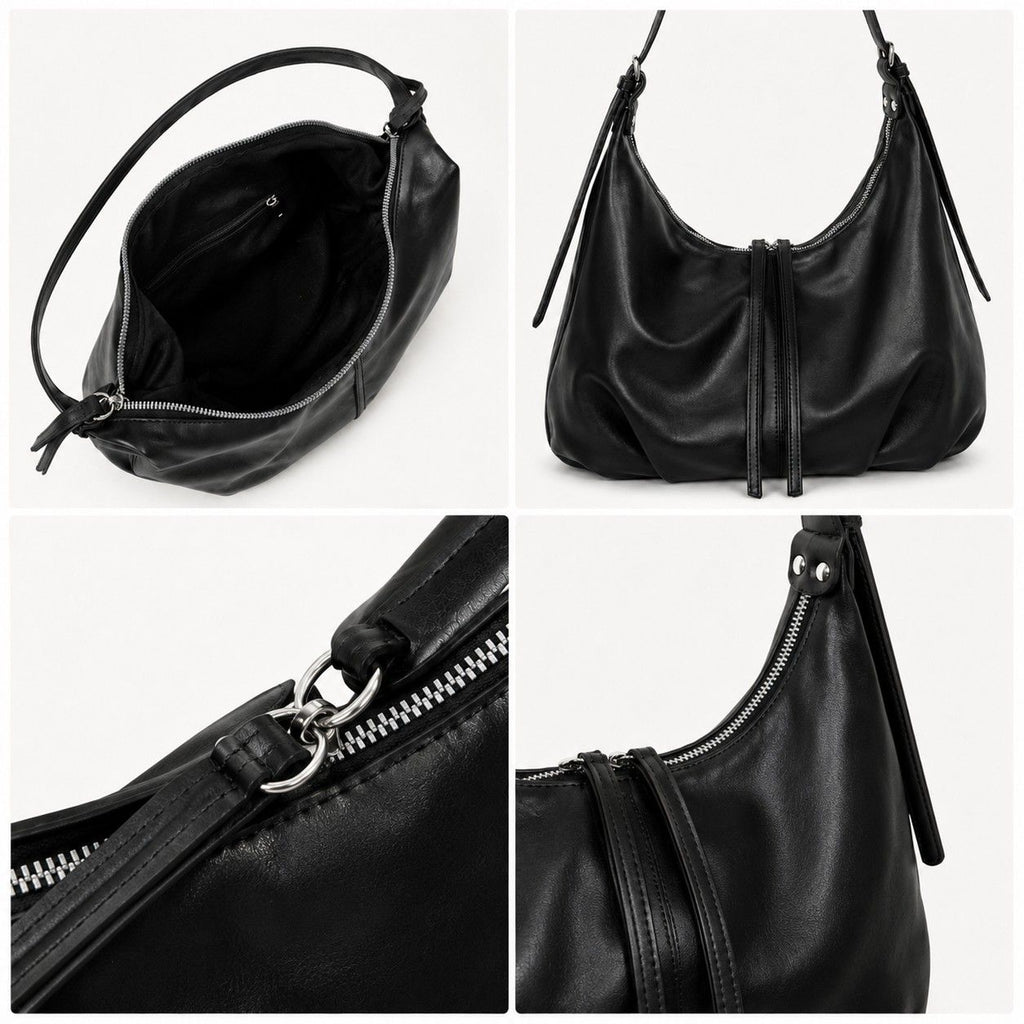 Slouchy Faux Leather Hobo Shoulder Bag with Adjustable Strap and Zip Closure