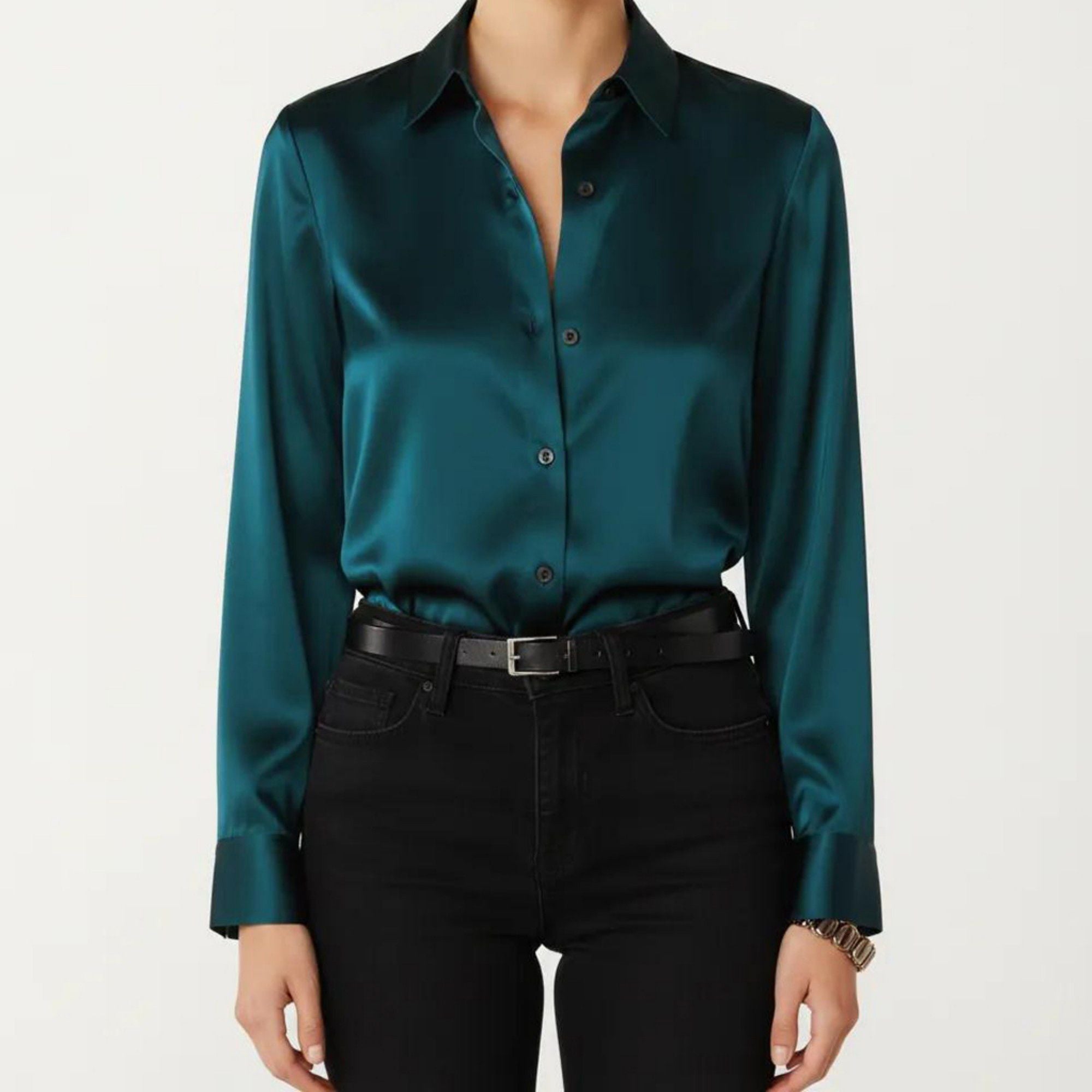 Anna-Kaci Women's Satin Button Down Blouse with Collared Neckline and Three Quarter Sleeves