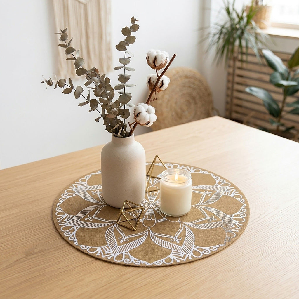 4 Piece Mandala Placemat Set Metallic PVC Heat Resistant Round Table Mats for Dining Table