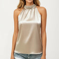 Anna-Kaci Women's Satin Halter Top with Faux Pearl Neckline and Smooth Draped Finish