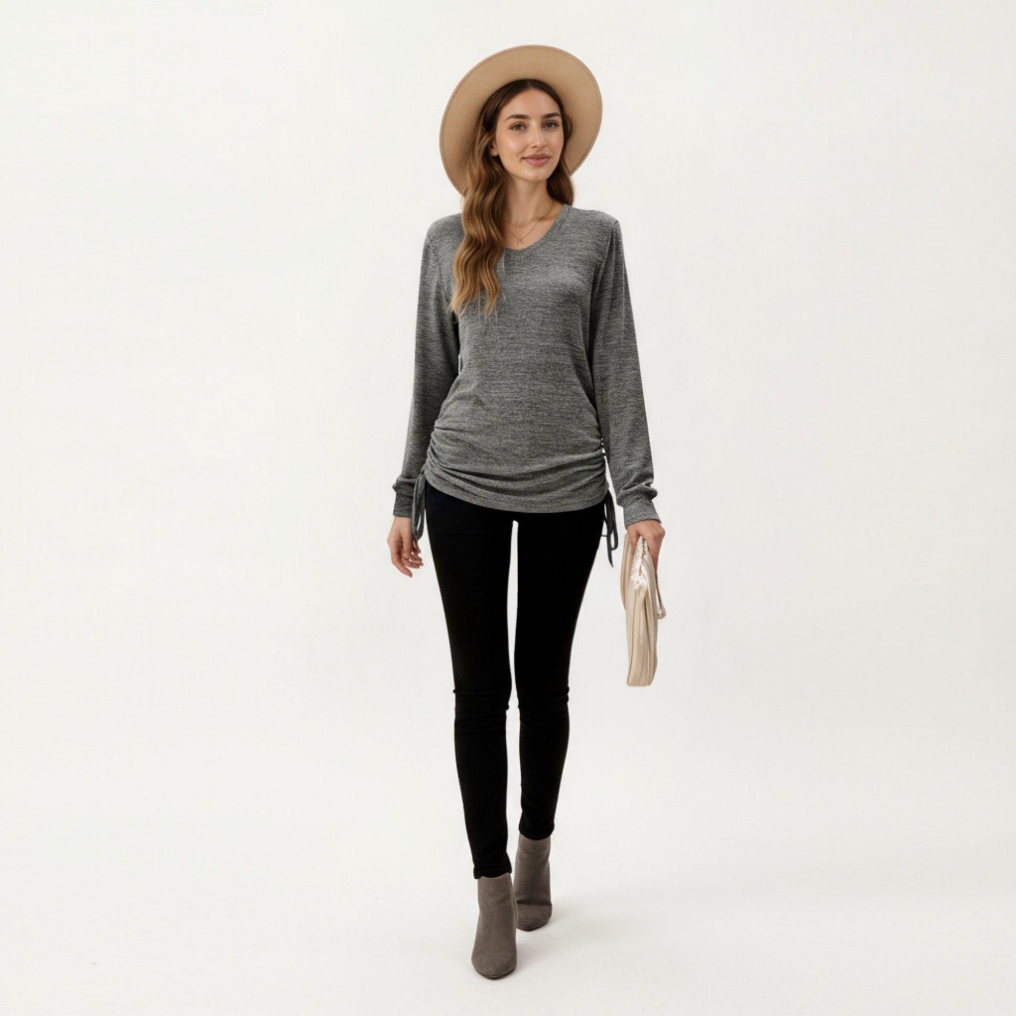 Anna-Kaci Women's Long Sleeve V-Neck Top with Side Drawstring Ruched Hem