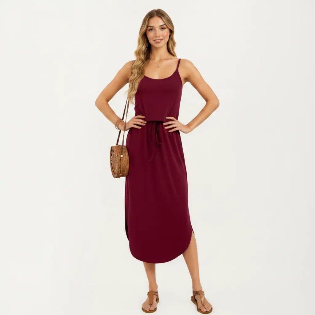 Anna-Kaci Women's Sleeveless Midi Dress with Spaghetti Straps and Adjustable Drawstring Waist Relaxed Fit Silhouette
