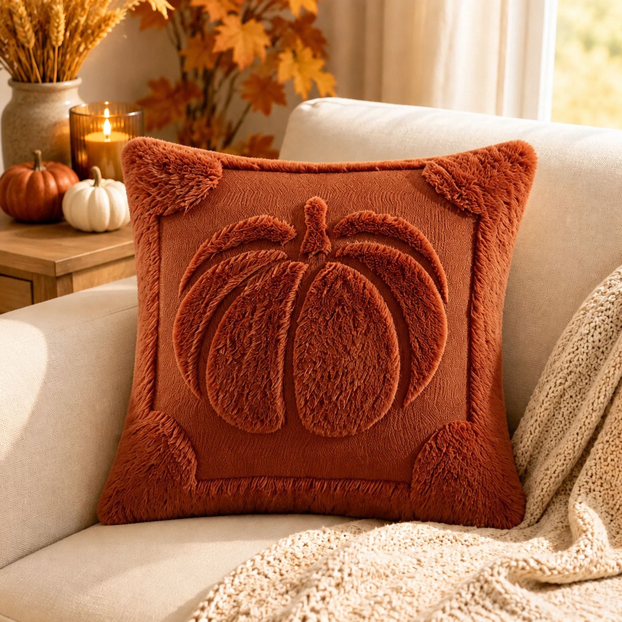 Plush Pumpkin Throw Pillow Cover for Fall and Thanksgiving Decor