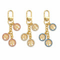 3pc Tree Medallion Keychain Bag Charm with Rhinestone Trim Gold Tone Chain and Clip