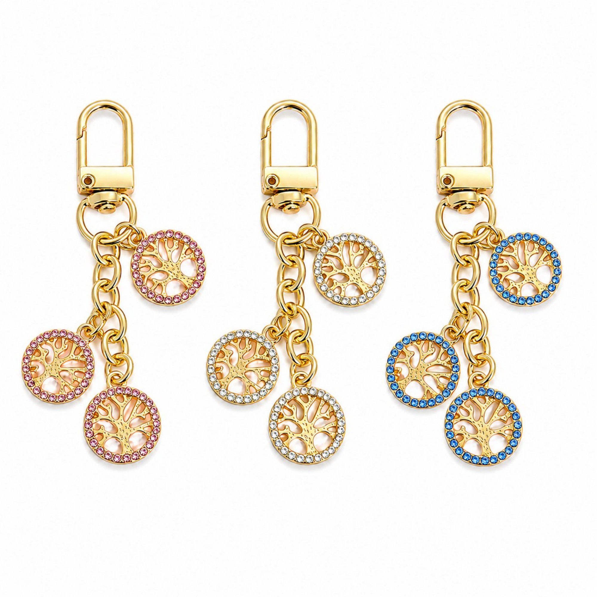 3pc Tree Medallion Keychain Bag Charm with Rhinestone Trim Gold Tone Chain and Clip