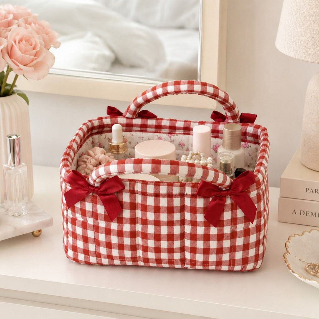 Quilted Gingham Storage Caddy with Handles Bow Accent for Makeup Vanity Dorm Bathroom Organizer