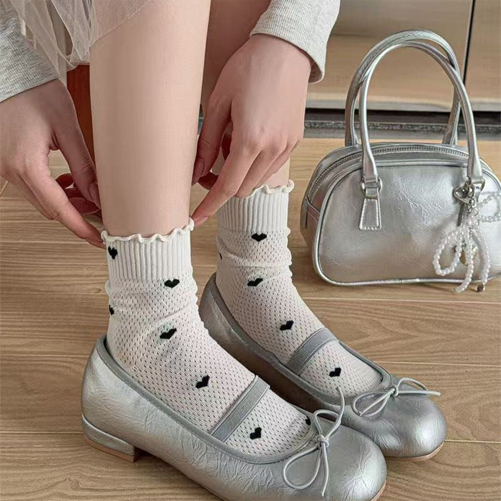 Anna-Kaci Women's 5-Pair Set Frilly Crew Socks with Valentine Heart Pattern and Ruffle Trim Breathable Knit Design for Flats or Loafers