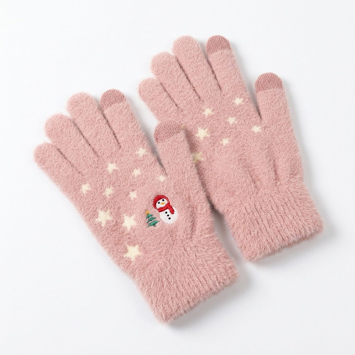 Fuzzy Christmas Touchscreen Gloves with Snowman and Stars