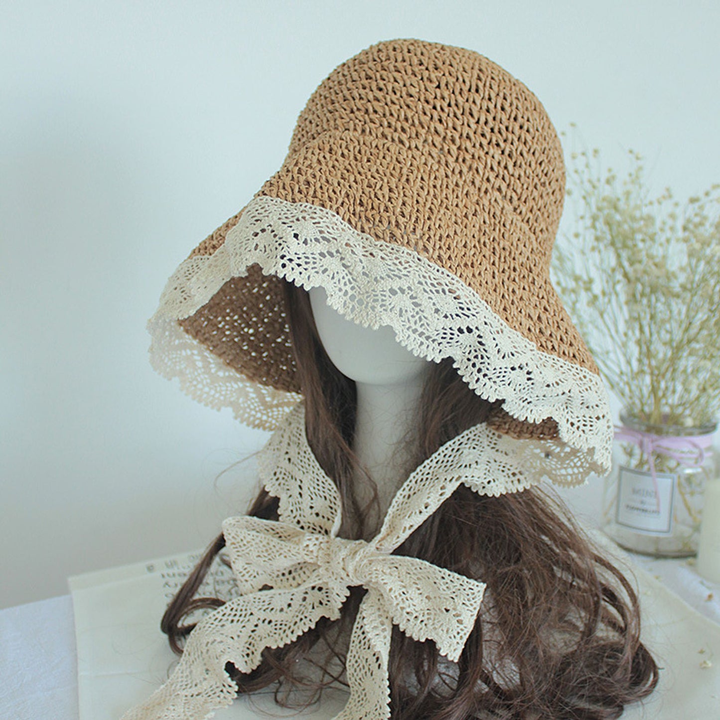 Anna-Kaci Women's Crochet Straw Hat with Lace Trim and Bow Detail