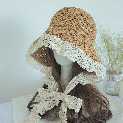 Anna-Kaci Women's Crochet Straw Hat with Lace Trim and Bow Detail