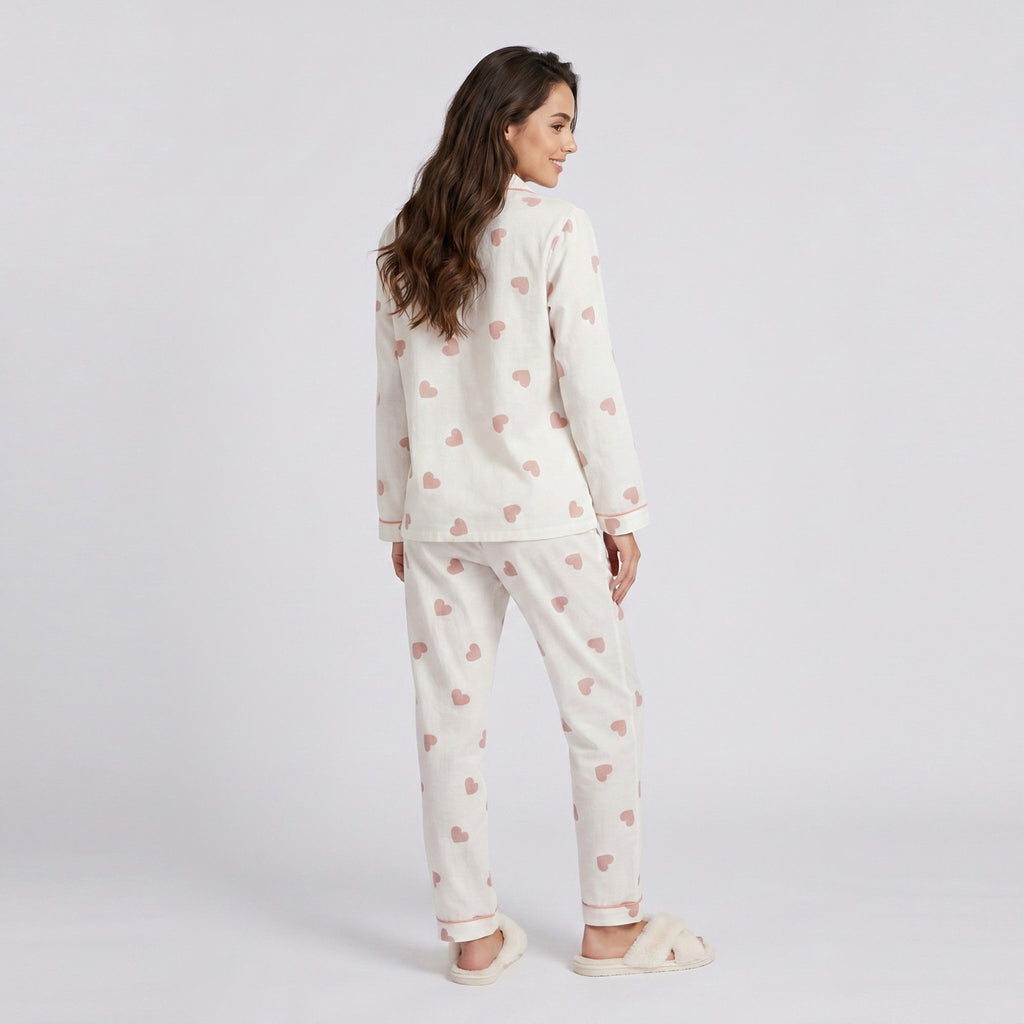 Anna-Kaci Lounge Women's 2-Piece Set Heart Print Button Front Pajama Top and Straight Leg Lounge Pants