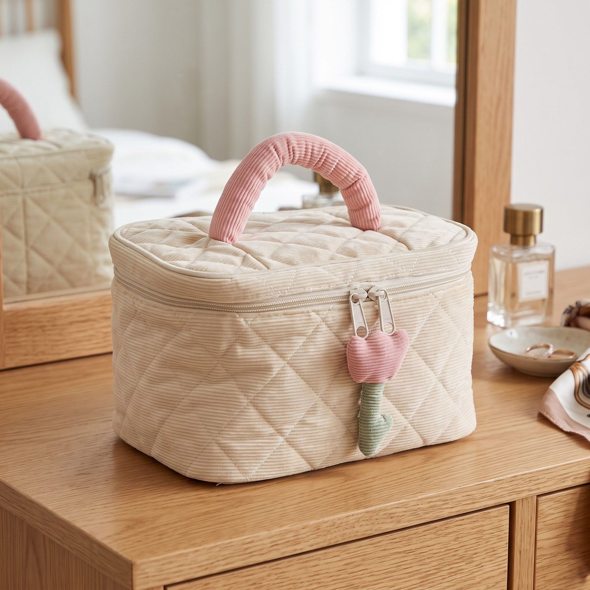 Quilted Corduroy Flower Cosmetic Bag with Top Handle