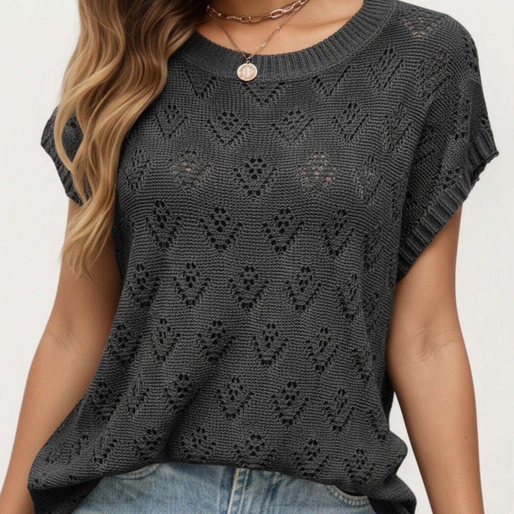 Anna-Kaci Women's Short Sleeve Knit Top with Floral Eyelet Pattern and Ribbed Crew Neck