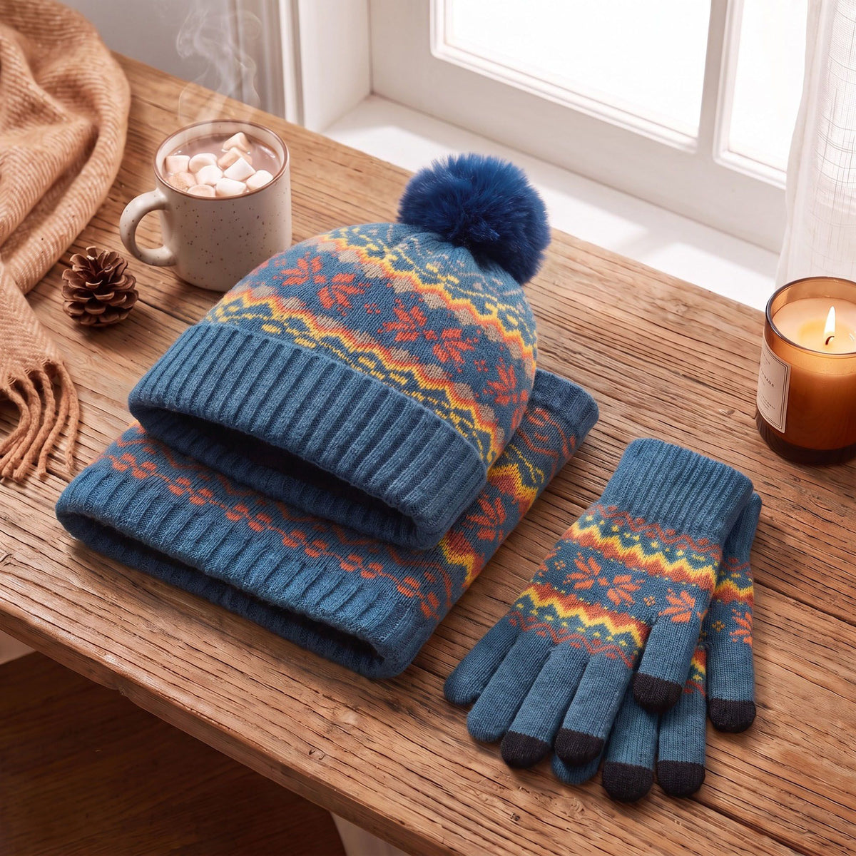 3 Piece Fair Isle Pom Beanie Neck Warmer and Gloves Set