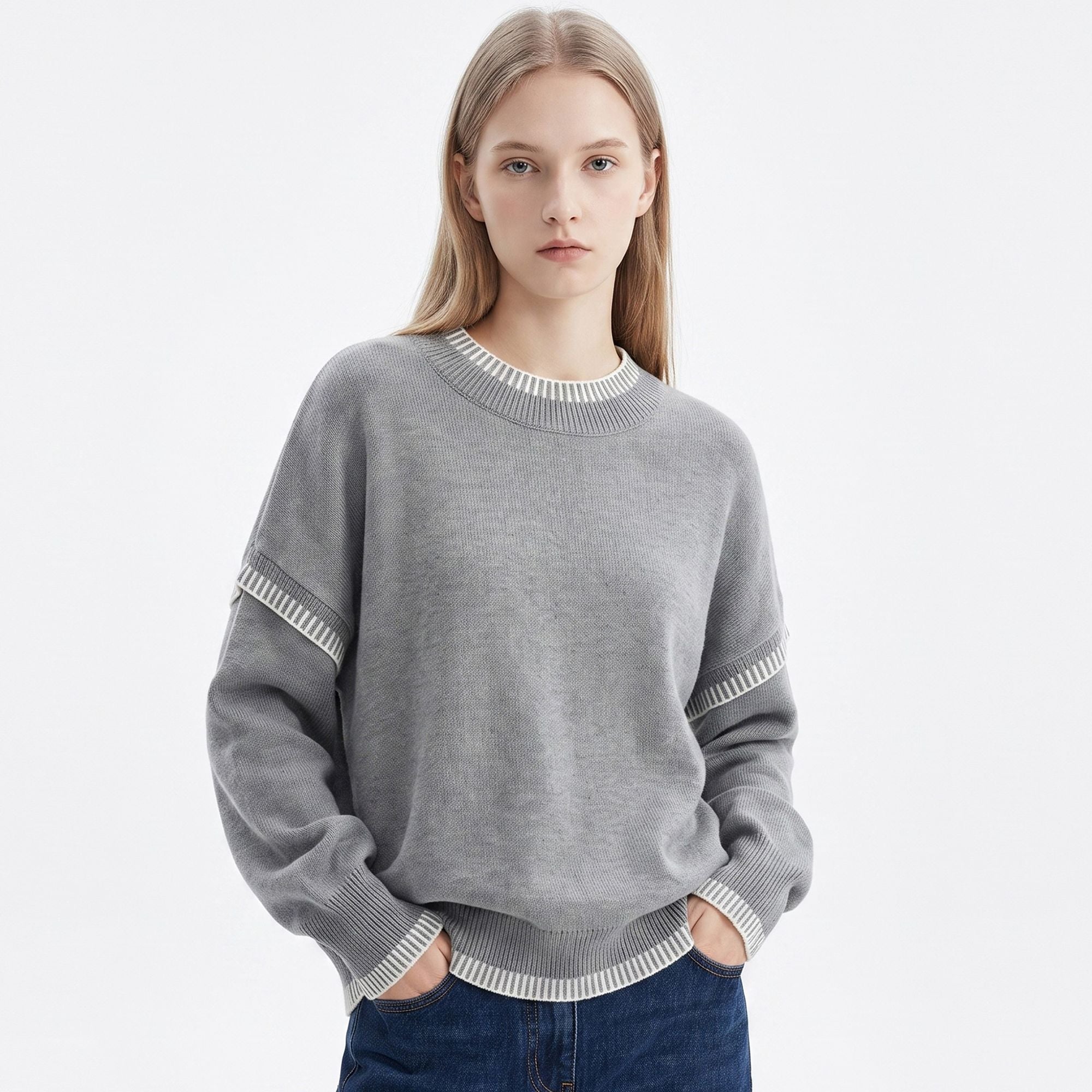 Contrast Stitch Crewneck Long Sleeve Knit Sweater
