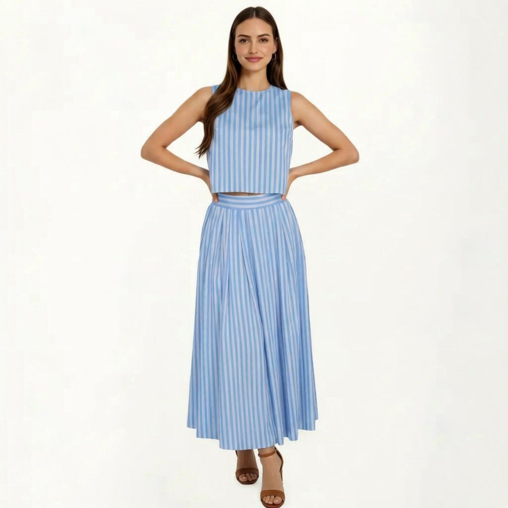 Anna-Kaci Women's Sleeveless Striped Two Piece Set Crop Top and Midi Skirt with Back Button Detail Flowy High Waist Set