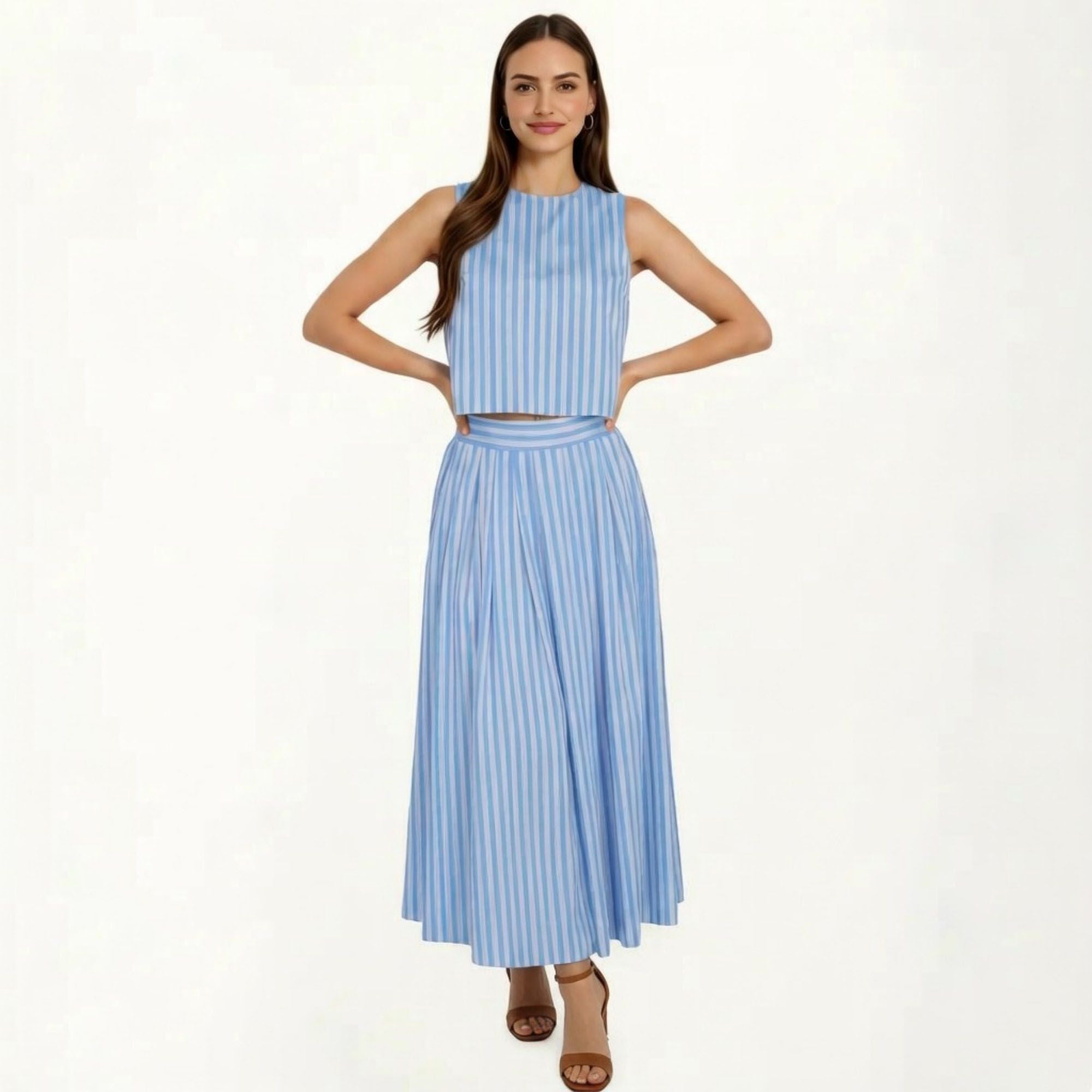 Anna-Kaci Women's Sleeveless Striped Two Piece Set Crop Top and Midi Skirt with Back Button Detail Flowy High Waist Set