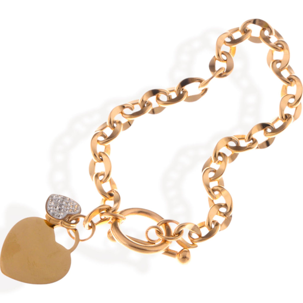 Gold Tone Chain Fashion Bracelet with Double Heart Charms and Toggle Clasp
